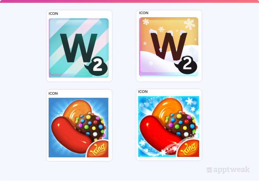 “Words with friends 2” (above) and “Candy Crush” (below) icon updates for the holiday season.